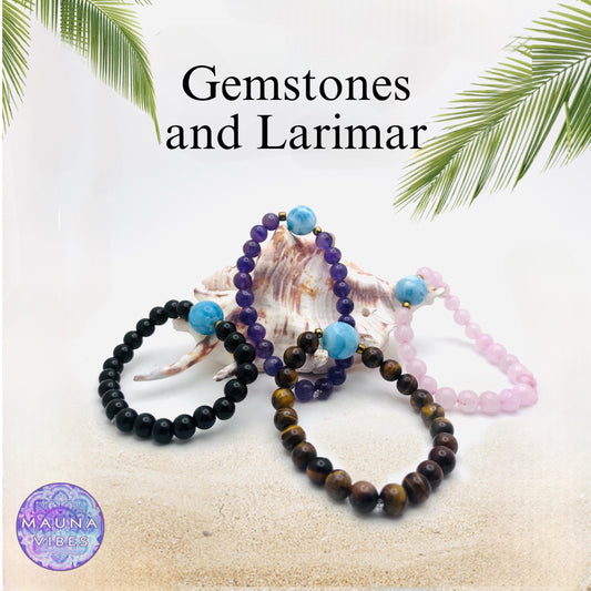 Larimar Bracelet Collection with Rose Quartz, Amethyst, Tiger’s Eye & Obsidian | Gemstone Crystal Jewelry for Balance & Protection.