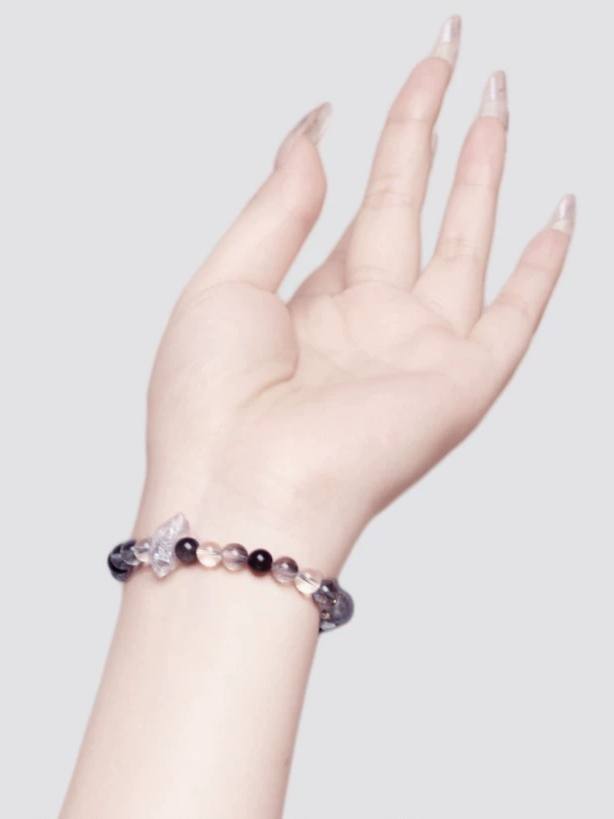Natural Black Rutilated Quartz Bracelet with White Crystal, Herkimer Diamond & Silver Obsidian – Healing Crystal Beaded Bracelet