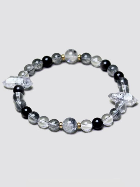 Natural Black Rutilated Quartz Bracelet with White Crystal, Herkimer Diamond & Silver Obsidian – Healing Crystal Beaded Bracelet